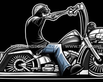 Motorcycle drawing, skeleton biker illustration, bike rider graphics, softail, motorbike clip art, workshop logo, png art files