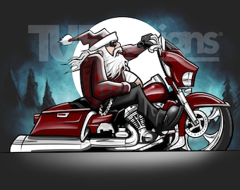 Santa Claus biker art: Motorcycle cartoon drawing (png and jpg digital download)