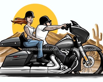 Biker couple riding bagger motorcycle drawing redhead cartoon character clipart logo design