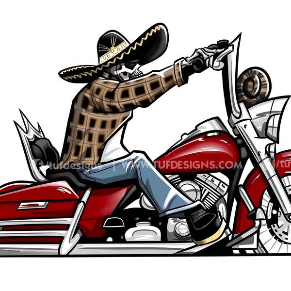 Red Cholo Style Vicla Lowrider Bagger Motorcycle with Skeleton wearing Sombrero Artwork