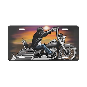Motorcycle art, custom license plate, gangster biker, road king, garage art, metal sign, wall art, lowrider graphics