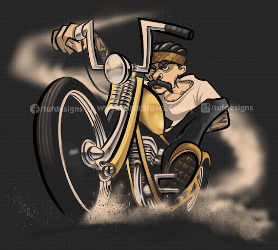 バイク乗りのイラスト、チョッパーに乗るバイカー、漫画風の絵