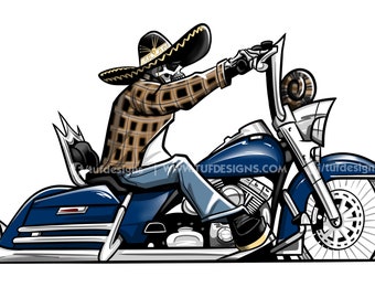 Mexican Skeleton Biker Riding Blue Bagger Cholo Style Vicla Motorcycle Artwork