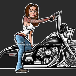 Black bagger motorcycle drawing girl biker riding cholo style vicla lowrider bike clipart logo design image 1