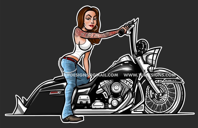 Black bagger motorcycle drawing girl biker riding cholo style vicla lowrider bike clipart logo design image 1