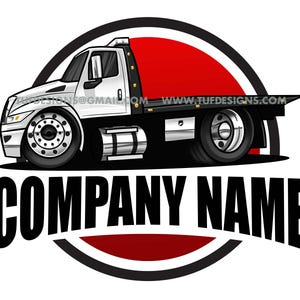 Könnte beinhalten: Ein weißer Cartoon-Abschleppwagen mit einem roten Kreis und schwarzem Text, der "COMPANY NAME" lautet.