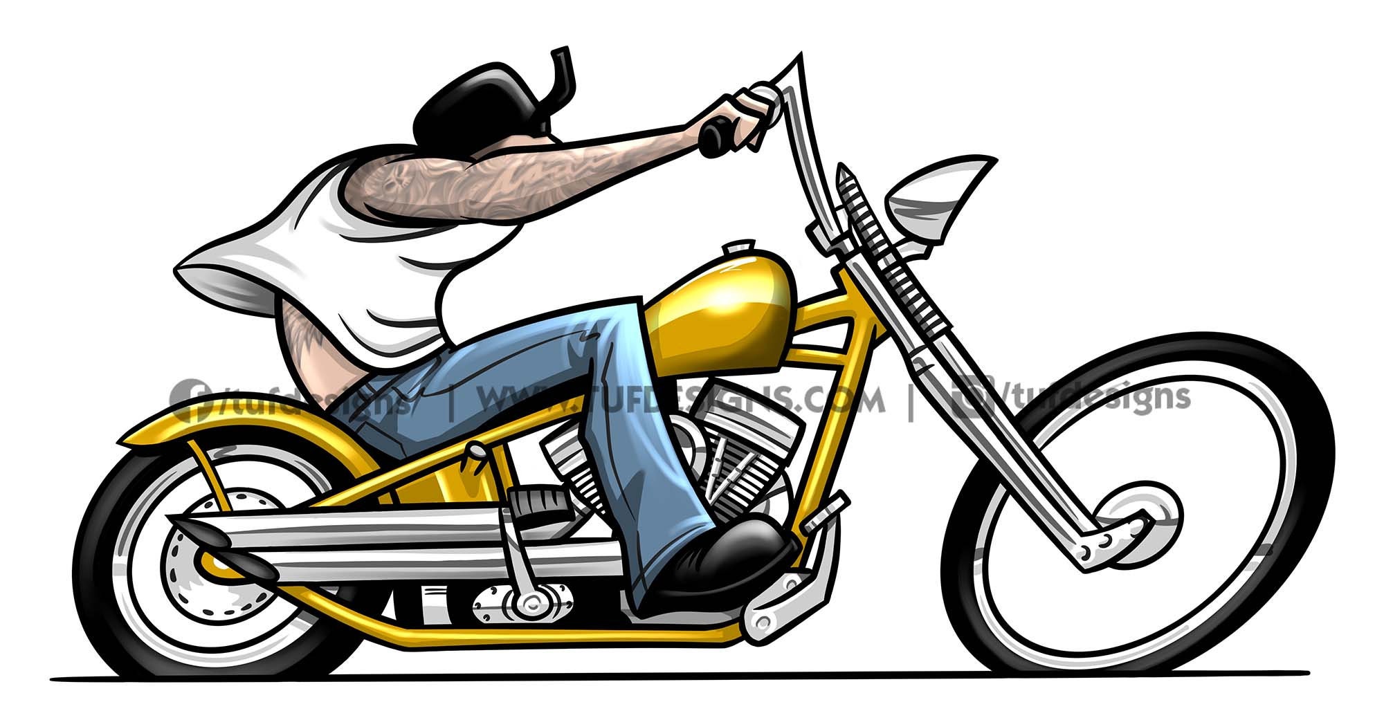 黄色いチョッパーに乗ったバイカーの絵、オートバイ、バイク乗りの漫画
