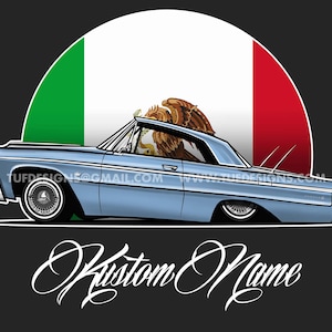 64 impala artwork, lowrider drawing, personalized name, mexican flag, chicano style, chevy low rider, custom cars, car club logo design