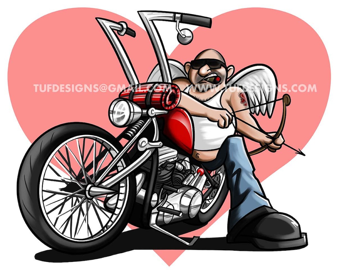 バイクのイラスト、キューピッドバイカーアート、バレンタインイラスト