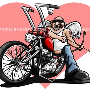 May include: Cartoon illustration of a biker cupid on a red motorcycle, set against a pink heart backdrop. The biker wears sunglasses, a white tank top, and blue jeans, holding a bow and arrow. The image includes the text: TUFDESIGNS@GMAIL.COM