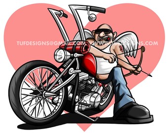 バイクのイラスト、キューピッドバイカーアート、バレンタインイラスト