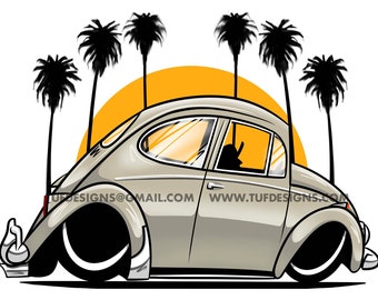 Beige lowered california style bug drawing small car cartoon beetle clipart logo design