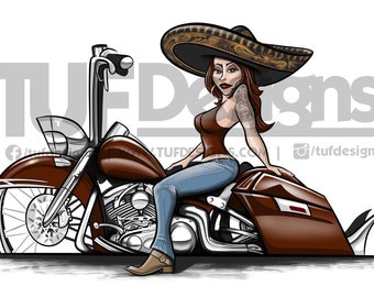 Biker Girl Riding Brown Cholo Style Vicla Motorcycle Digital Artwork Drawing