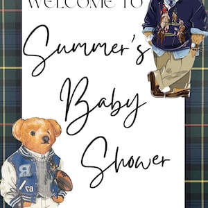 Letrero de bienvenida para baby shower con osito de peluche de Polo Ralph Lauren