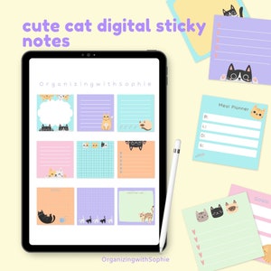 Könnte beinhalten: Ein digitaler Planer mit neun bunten Haftnotizen mit niedlichen Katzen. Jede Notiz hat ein anderes Design und enthält Linien zum Schreiben. Der Planer trägt den Titel "Organizing with Sophie".