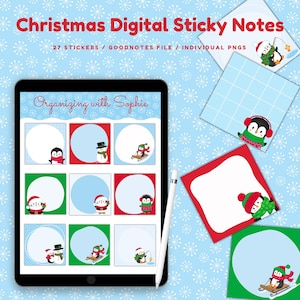 Peut inclure: Une page de planificateur numérique avec 27 notes adhésives sur le thème de Noël représentant des pingouins, des bonhommes de neige et des scènes d'hiver. Les notes sont conçues pour être utilisées avec l'application Goodnotes et sont disponibles en fichiers PNG individuels. Le texte "Organizing with Sophie" est en haut de la page.