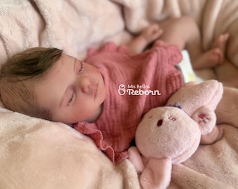 May include: A lifelike reborn doll with closed eyes, wearing a pink ruffled top, resting on a soft pink blanket. A plush pink bunny toy is nestled beside the doll. The doll's hair is a light brown color. The text "Mis Bellos Reborn" is visible.