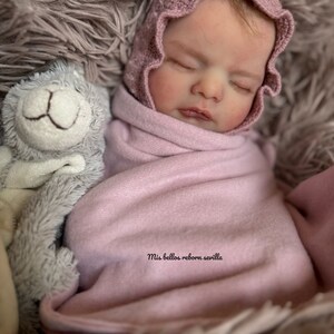 Może przedstawiać: Śpiąca lalka reborn w r&oacute;żowej dzianinowej czapce i owinięta w r&oacute;żowy kocyk. Lalka leży na puszystym szarym podłożu z szarą pluszową zabawką obok. Na kocyku widoczny jest napis "Mis bellos reborn sevilla".
