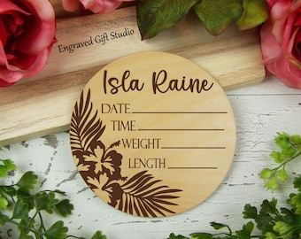 Tropical Birth Stats Sign Personalized Birth Announcement Sign Newborn Photo Prop Hibiscus Flowers Palm Leaves Hawaii Theme Baby Shower Gift