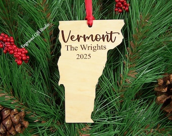 Personalized Vermont Christmas Ornament Wood Family Name New Home Gift, Relocating to Vermont State Shaped Ornament Moving Housewarming Gift