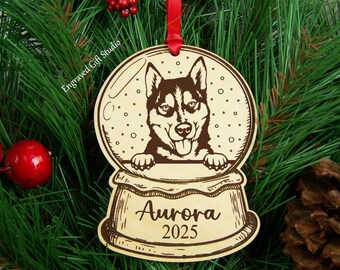 Personalized Siberian Husky Christmas Ornament, Custom Wood Laser Engraved Pet Memorial Ornament Art Keepsake Tree Decor Dog Lover Gift Idea