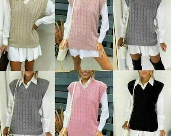 V Neck Jumper Tank Top Knitted Sleeveless Cable Ladies Pullover Sweater