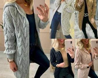 Ladies Chunky Cable Knitted Oversized Long Hooded Cardigan