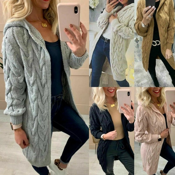 Ladies Chunky Cable Knitted Oversized Long Hooded Cardigan