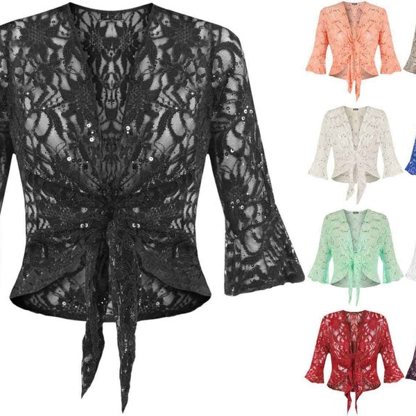 Sequin Tie Front Lace Shrug Mesdames cardigan à manches évasées grande taille