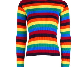 Women's Long Sleeve Stripe Ribbed Jumper - Ladies Rainbow Knitted Roll Neck Sweater Top Size 8-14