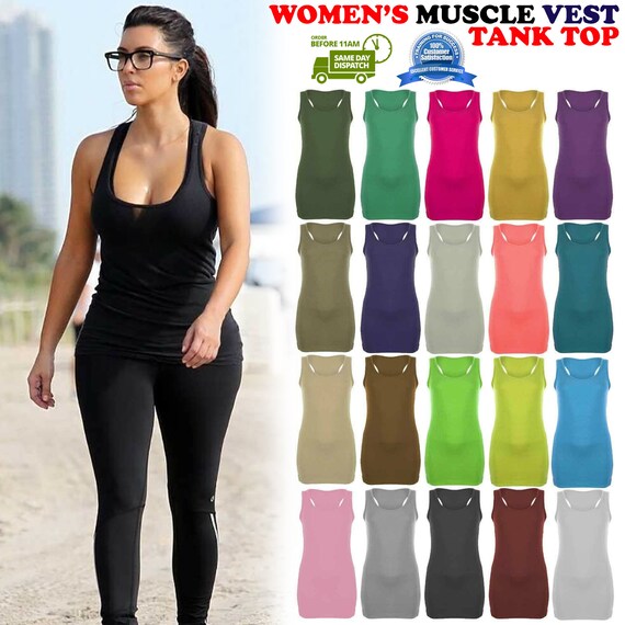 Ladies Plain Long Bodycon Racer Back Muscle Vest Top Womens