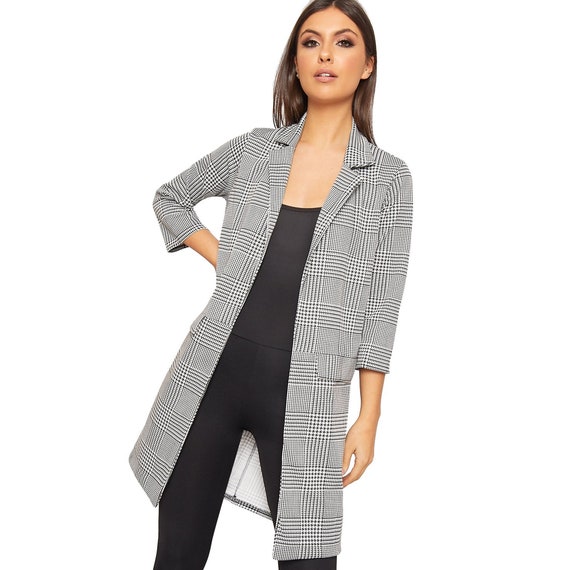 Ladies Women Blazer Jacket Check Hounds Tooth Tartan 3 4 Sleeve