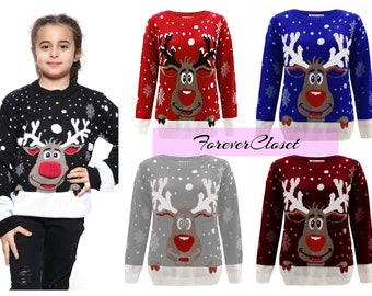 Kids Christmas Jumper Star Rodolph Novelty Xmas Reindeer Knitted Jumper Sweater