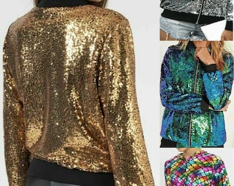 Sequin Glitter Bomber Jacket Club Dance Party Multicolored Jacket