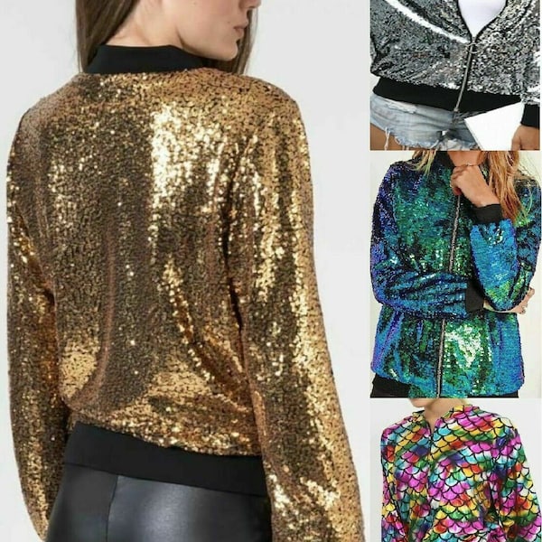 Sequin Glitter Bomber Jacket Club Dance Party Multicolored Jacket