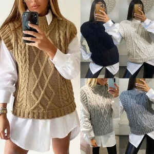 Womens Cable Knitted Vest Ladies Sleeveless High Neck Jumper Sweater Tank Top