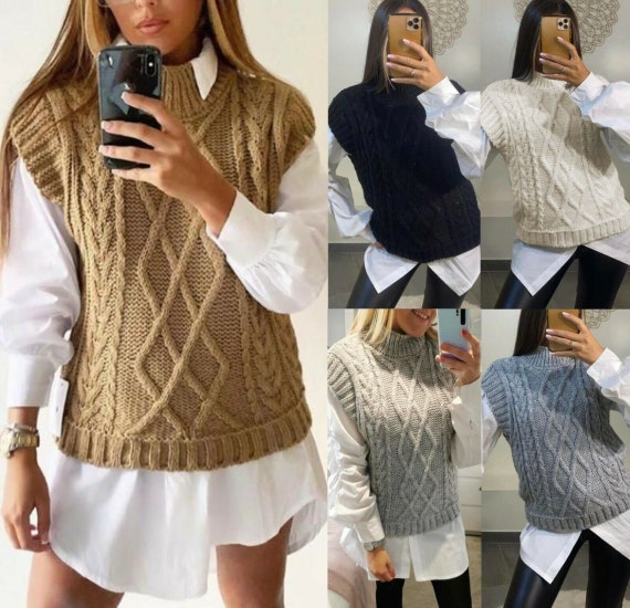 Womens Cable Knitted Vest Ladies Sleeveless High Neck Jumper