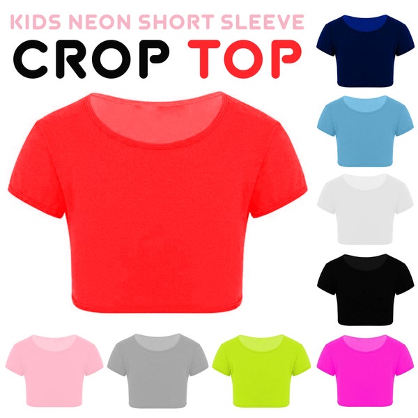 Kids Girls Neon Plain Short Sleeve Crop Tops Summer T-Shirt Tee Top Dance Wear Gymnastic Fancy Dress Age 3-13 Years