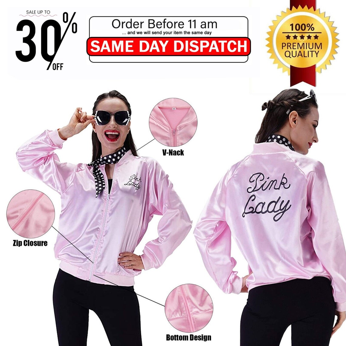 Ladies Pink Grease Satin Jacket 1950s Womens Hen Night Party Fancy ...