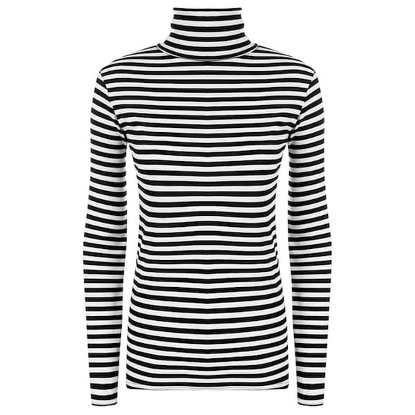 Women's Polo Roll Neck Ribbed Long Sleeve Turtle Neck Jumper - Ladies White Black Stripe Sweater Mockneck Casual Top Plus Size S-L