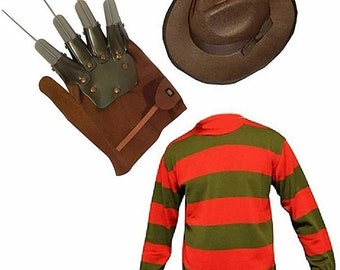 Unisex Freddy Costume Kids Boys Halloween Fancy Dress Hat Jumper & Glove Set