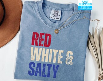 Red White and Salty Shirt, 4th of July Beach Tee, USA Coastal Gift, Patriotic Tshirt, Coastal Independence Day Tee, Vintage Summer Top Women