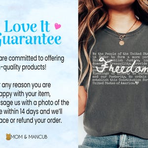 May include: Dark gray t-shirt with the word "Freedom" in a cursive font, overlaid on a white text of the U.S. Constitution's preamble. The shirt also features a "Love It Guarantee" graphic.
