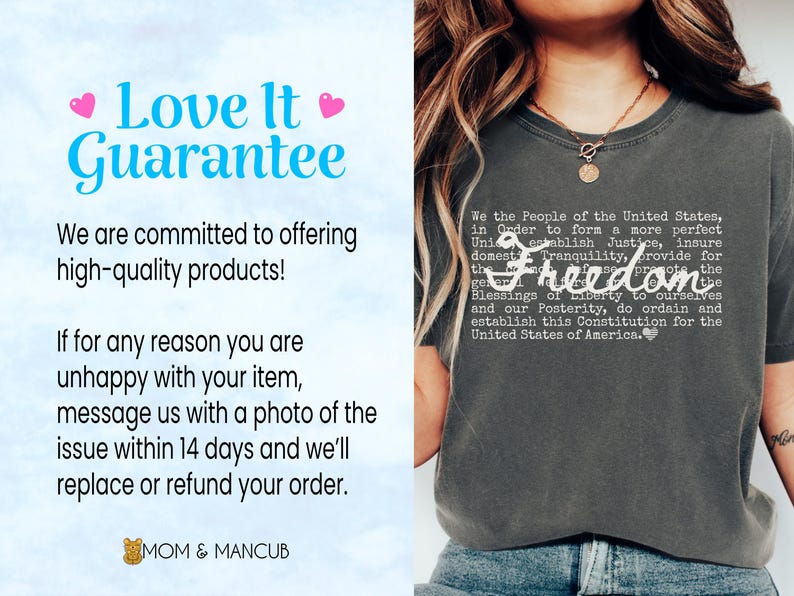 May include: Dark gray t-shirt with the word "Freedom" in a cursive font, overlaid on a white text of the U.S. Constitution's preamble. The shirt also features a "Love It Guarantee" graphic.