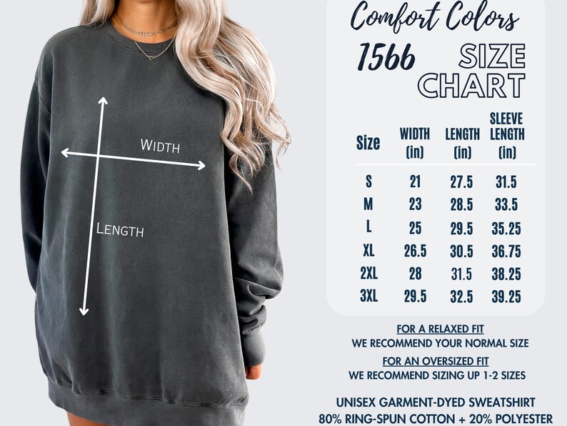 May include: A dark gray unisex garment-dyed sweatshirt with a size chart. The chart shows width, length, and sleeve length measurements in inches for sizes S to 3XL. The sweatshirt is 80% ring-spun cotton and 20% polyester.