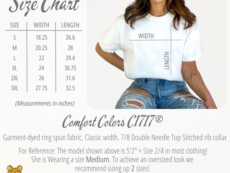 May include: White t-shirt with a size chart showing width and length measurements in inches. The chart includes sizes S to 3XL. The shirt is made of Comfort Colors C1717&reg; garment-dyed ring spun fabric.