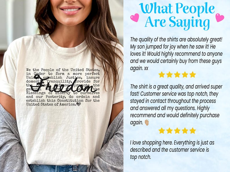 May include: Cream-colored t-shirt featuring the text "We the People of the United States" and the word "Freedom" in a stylized font. The shirt also includes a quote from the U.S. Constitution. The shirt is a casual wear item.