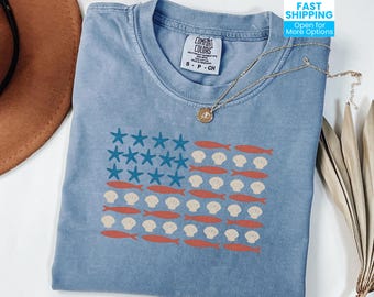 Coastal American Flag Shirt, Retro 4th of July T-Shirt, USA Flag Tee, Patriotic T Shirt Gift, Independence Day Graphic Tee, Beach Summer Tee