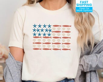 Coastal American Flag Shirt, Retro 4th of July T-Shirt, USA Flag Tee, Patriotic T Shirt Gift, Independence Day Graphic Tee, Beach Summer Tee
