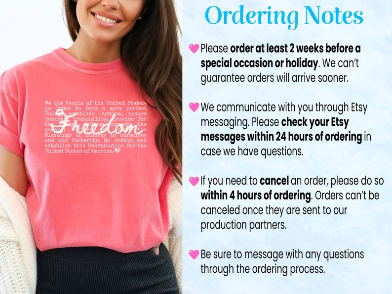 May include: Coral-colored t-shirt with the word "Freedom" in a cursive font, and text from the U.S. Constitution. The shirt also has the text "Ordering Notes" and other ordering information.